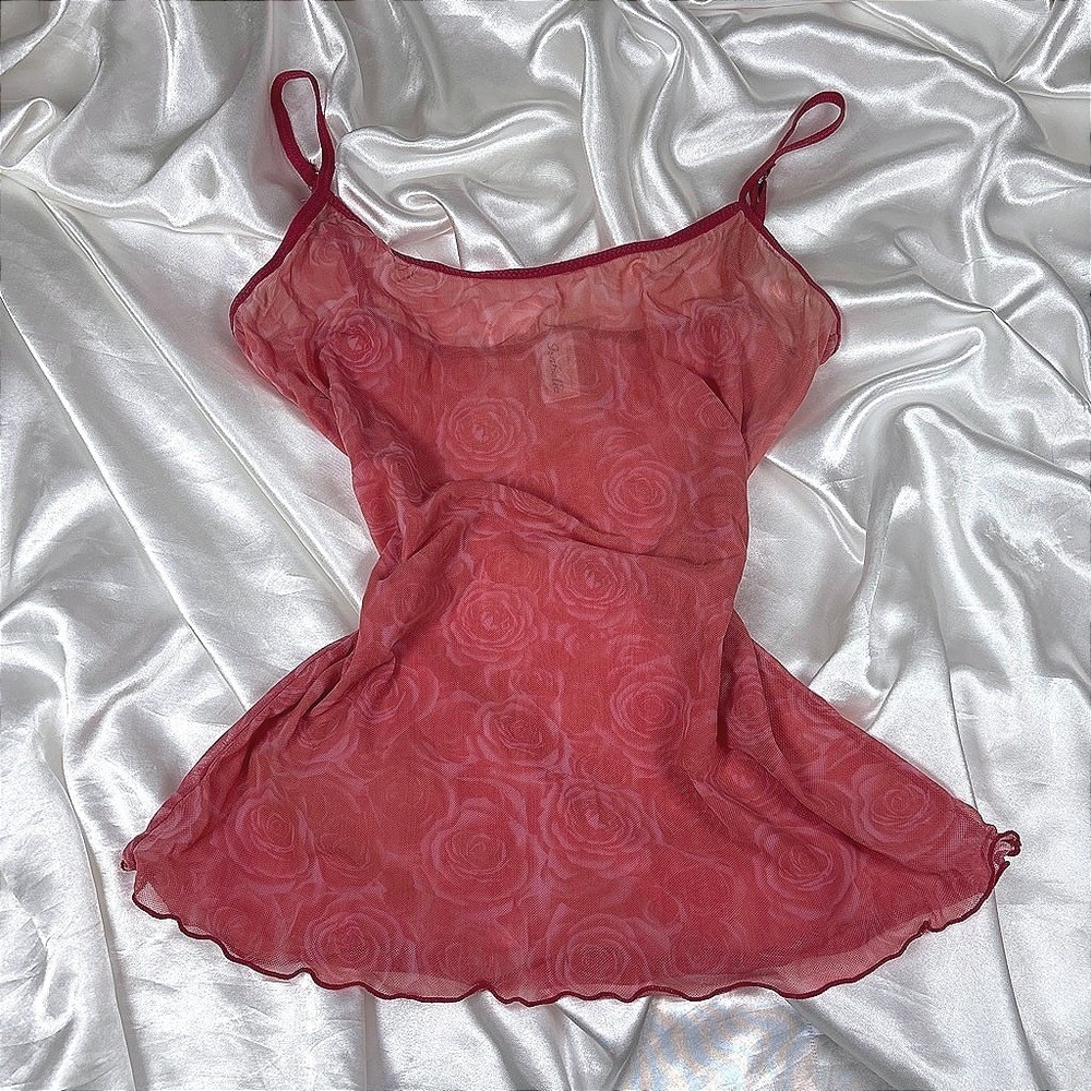 y2k Isabella Mesh Cami Top Pink Rose Floral Excellent Sheer Lettuce Trim Cami